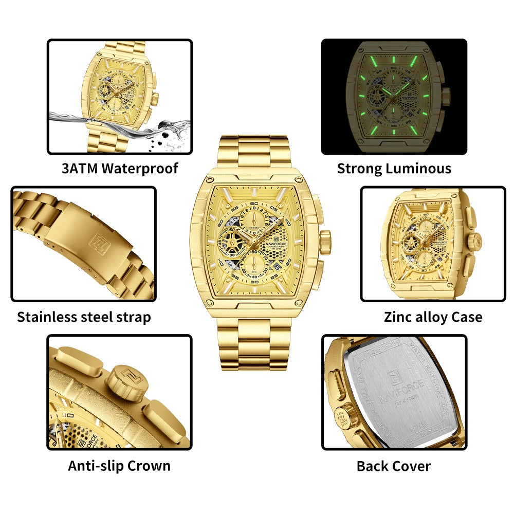 NAVIFORCE NF8066 Men’s Fashion Sports Quartz Chronograph Watch, Luminous Hollow Dial, Waterproof, with Date and Stopwatch Function