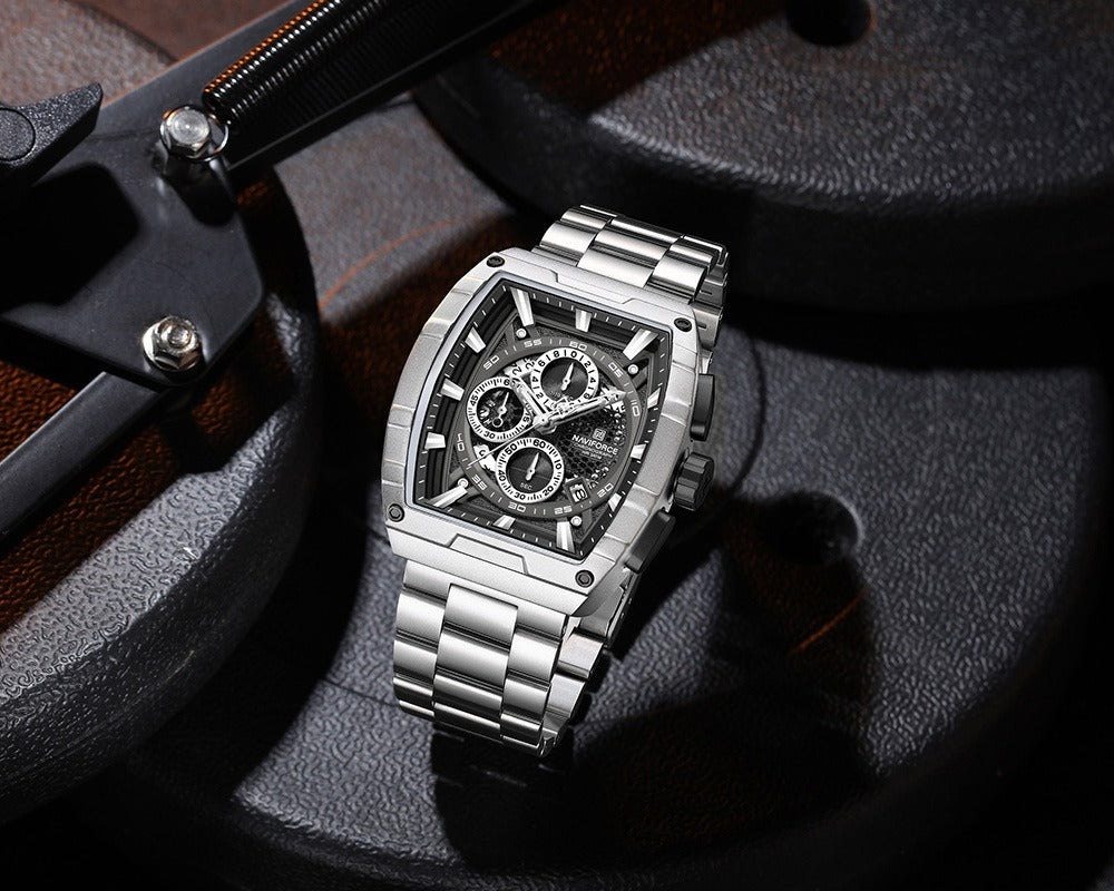 NAVIFORCE NF8066 Men’s Fashion Sports Quartz Chronograph Watch, Luminous Hollow Dial, Waterproof, with Date and Stopwatch Function