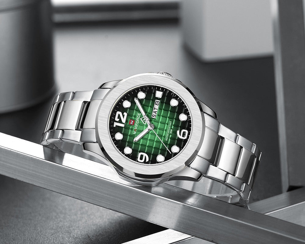 NAVIFORCE NF9244 Men’s Round Classic Watch, Japanese Quartz Calendar Watch, Stainless Steel